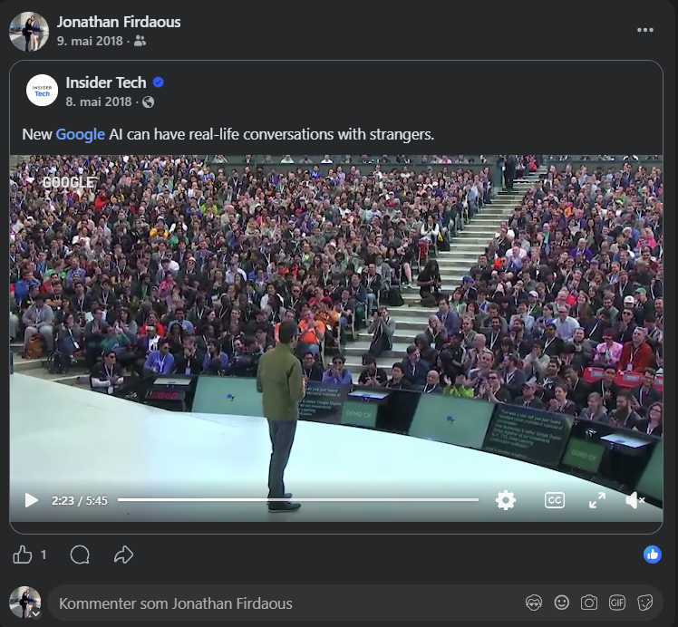 Skjermbilde av Jonathan Firdaous' Facebook-deling av Tech Insider-videoen om Google Duplex, datert 9. mai 2018.